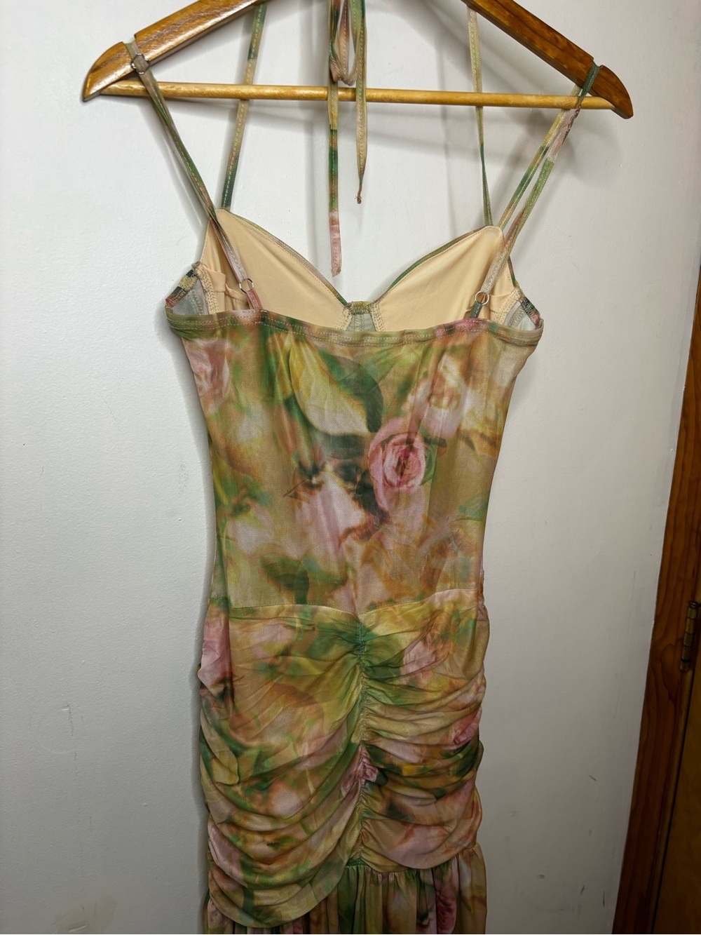 NWT Floral Fairycore Green Pink Mesh Ruched Maxi Dress - Picture 10 of 12